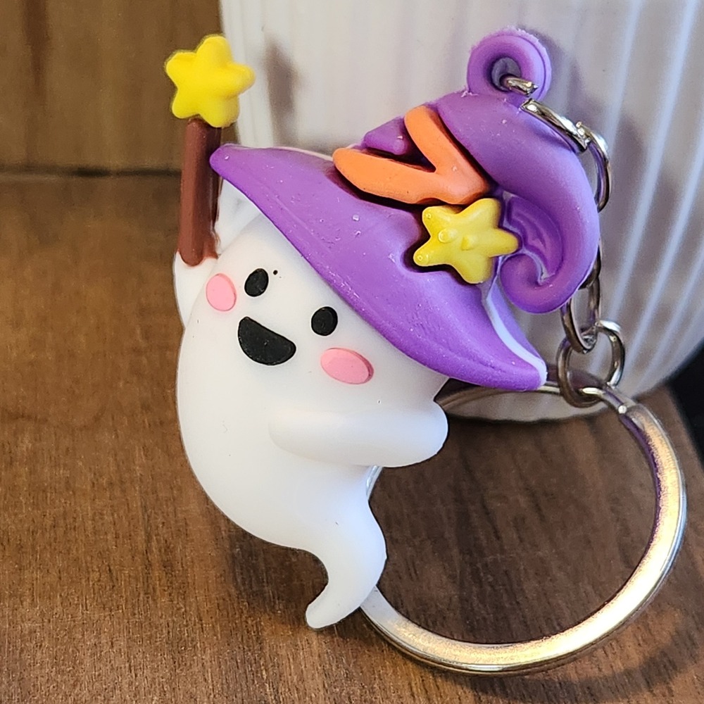 Cute Halloween Ghost Keychain Purple Wizard Hat Magic Wand Spooky Charm 2.0"